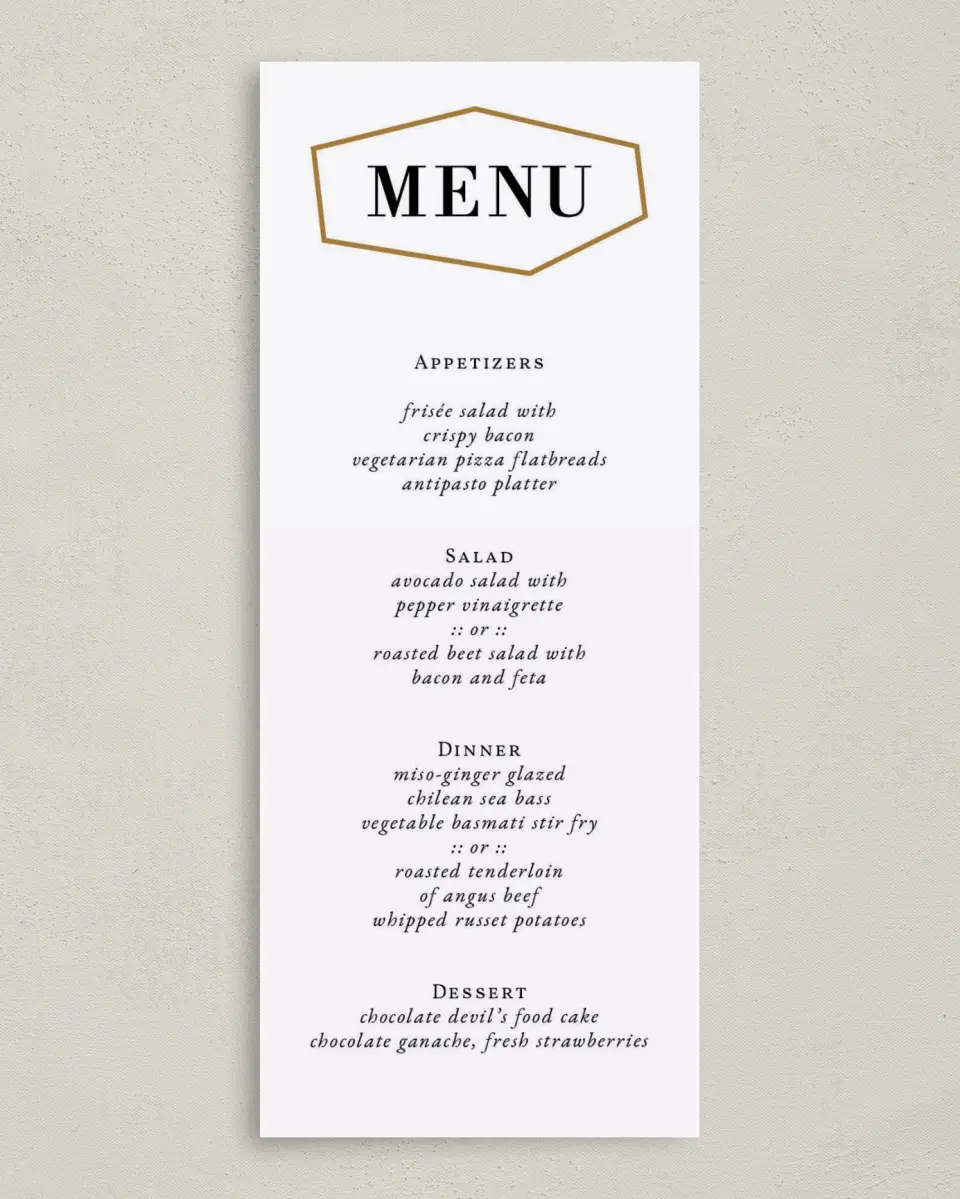This is a 3⅝" x 8⅞" Wedding Menu Card called Black Tie Affair printed in full color on Premium Smooth paper