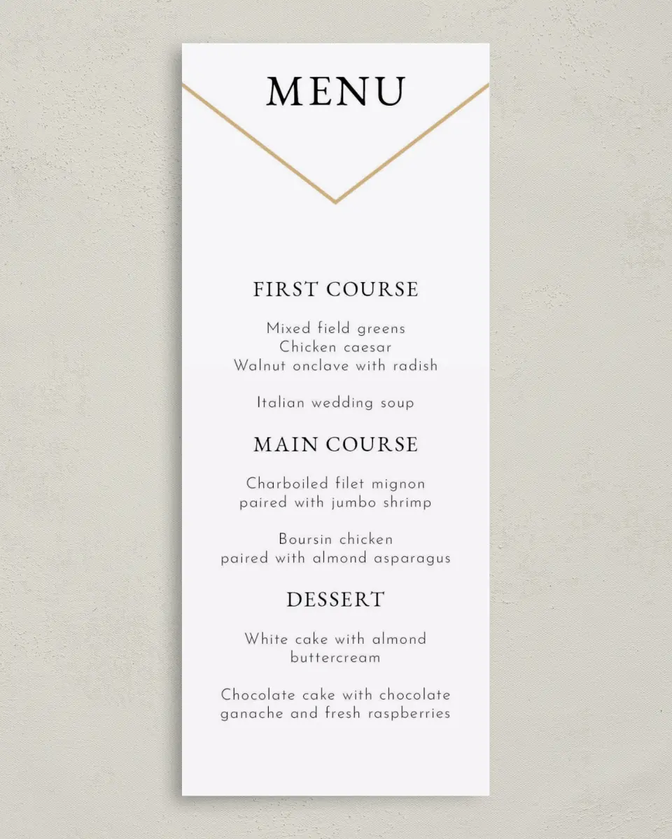 This is a 3⅝" x 8⅞" Wedding Menu Card called Cut the Ribbon printed in full color on Premium Smooth paper