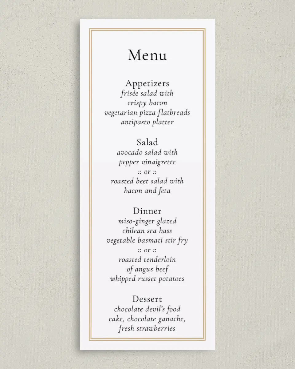 This is a 3⅝" x 8⅞" Wedding Menu Card called Evening Celebration printed in full color on Premium Smooth paper