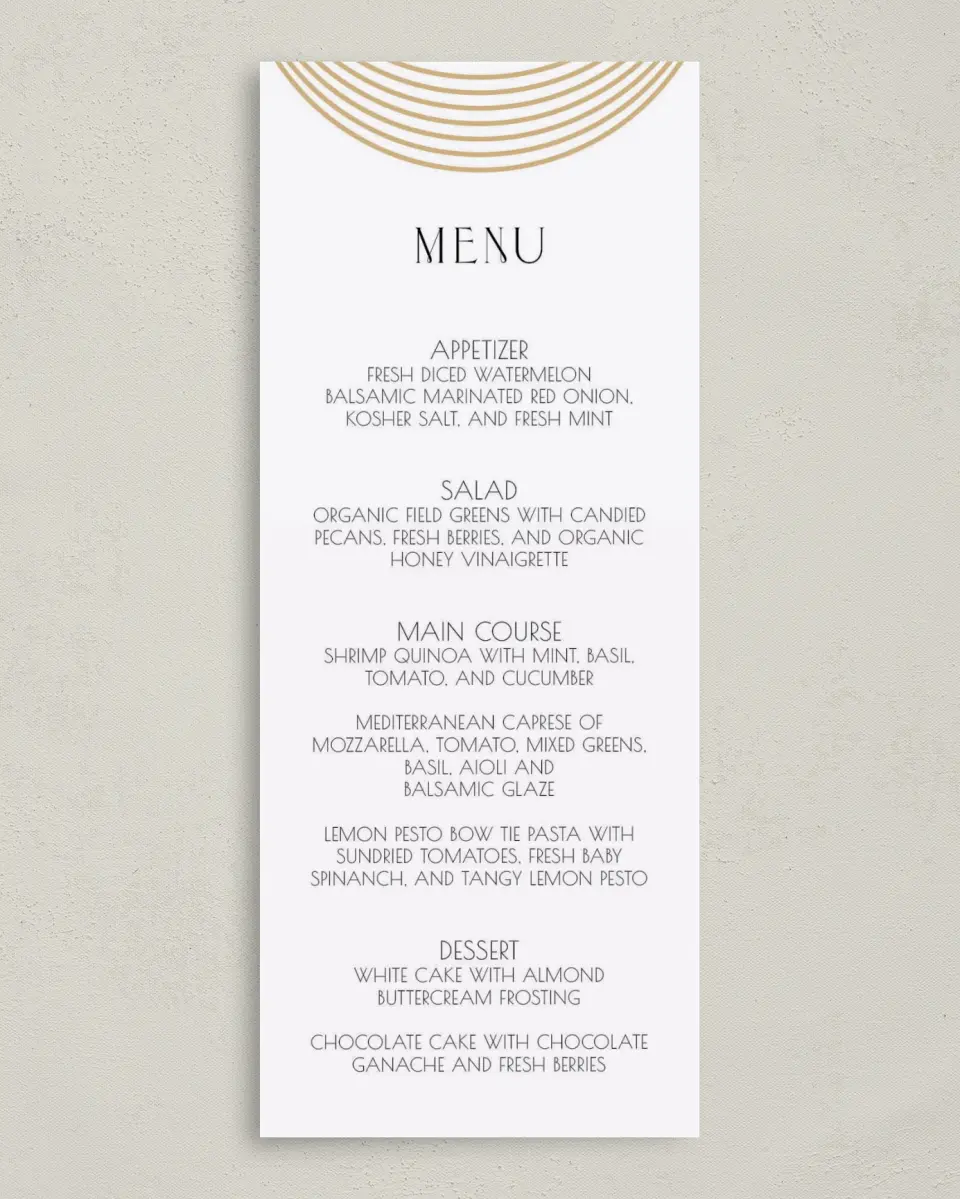 This is a 3⅝" x 8⅞" Wedding Menu Card called Golden Gala printed in full color on Premium Smooth paper
