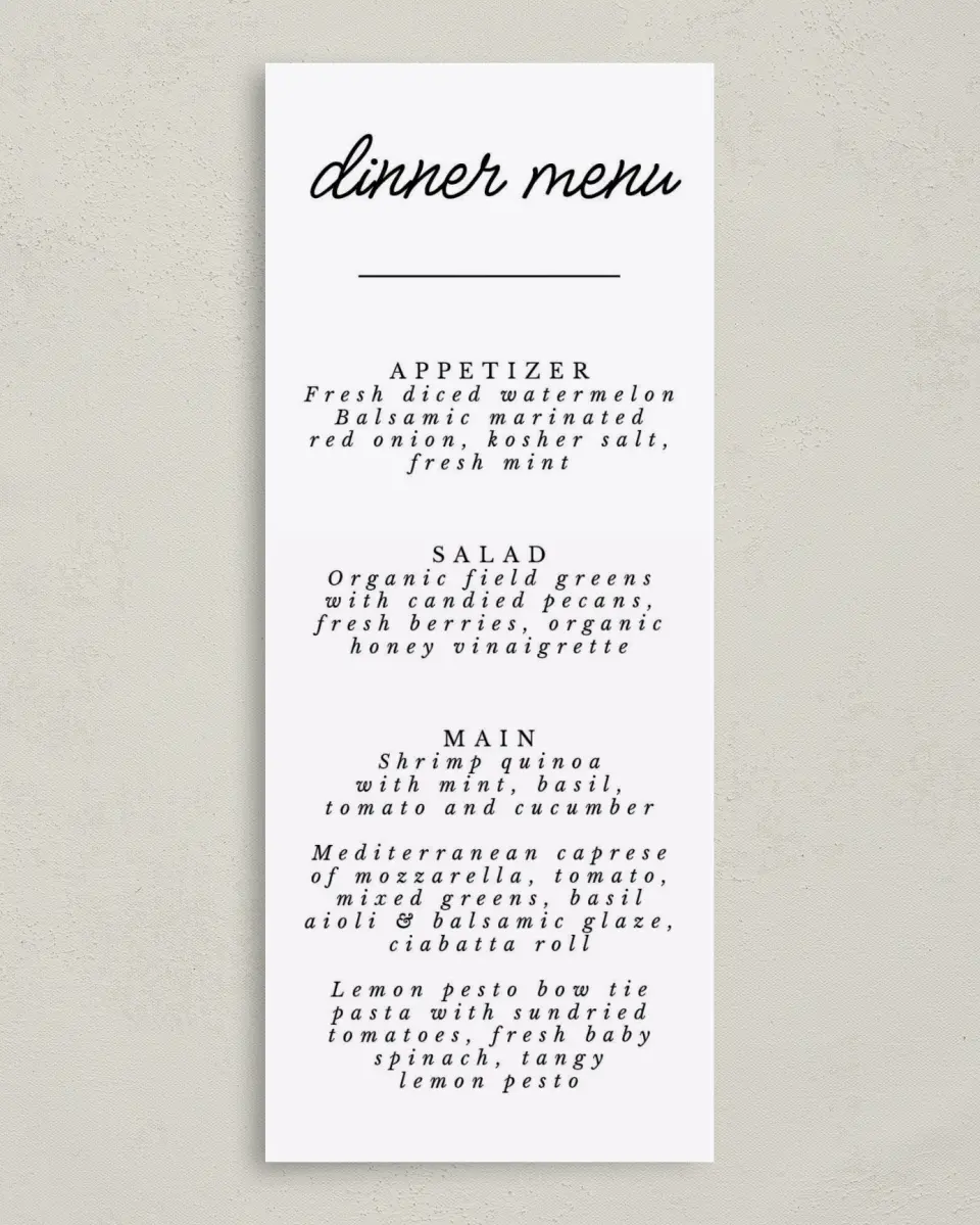 This is a 3⅝" x 8⅞" Wedding Menu Card called Classic Charity Gala printed in full color on Premium Smooth paper