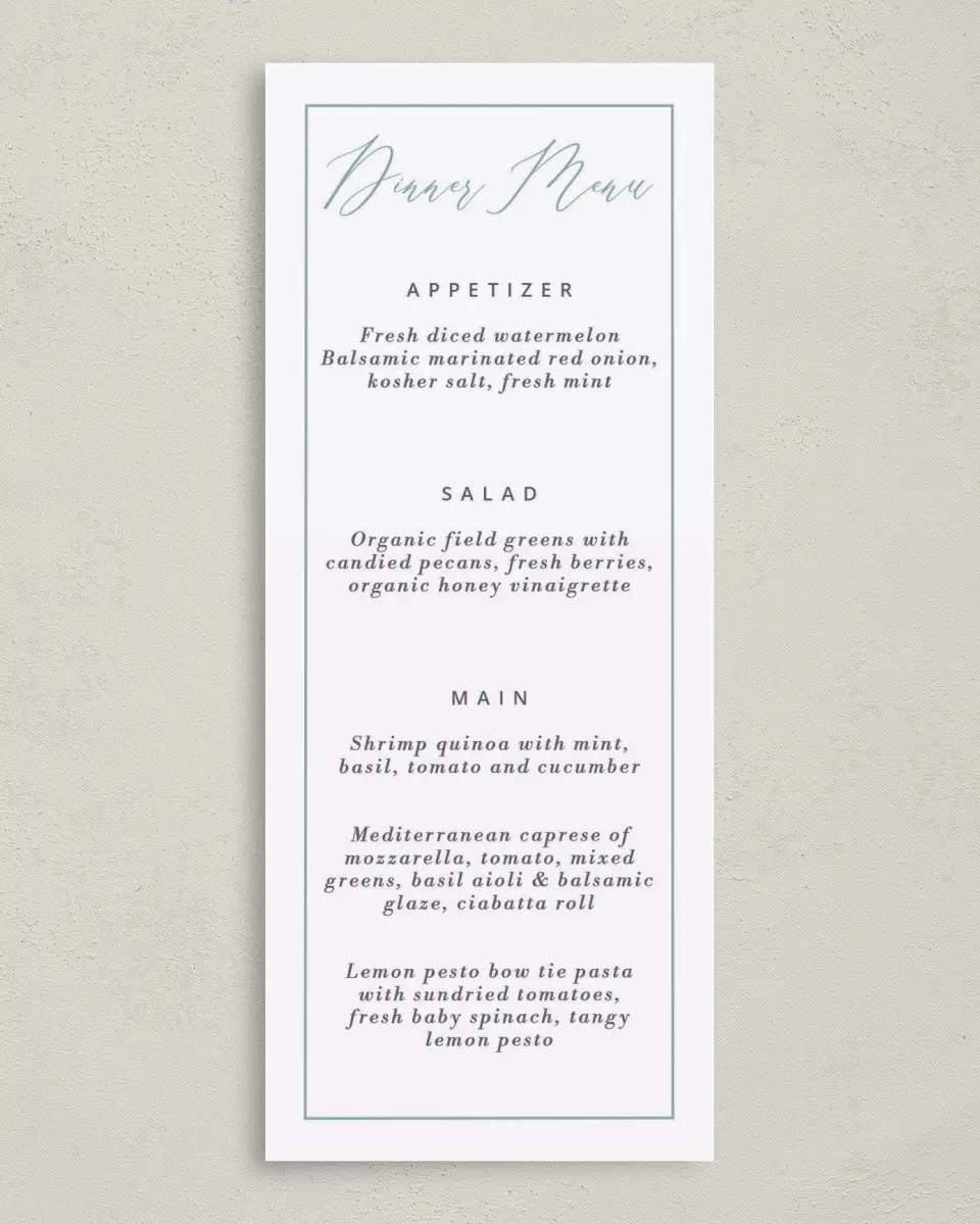 This is a 3⅝" x 8⅞" Wedding Menu Card called Formal Holiday Party printed in full color on Premium Smooth paper