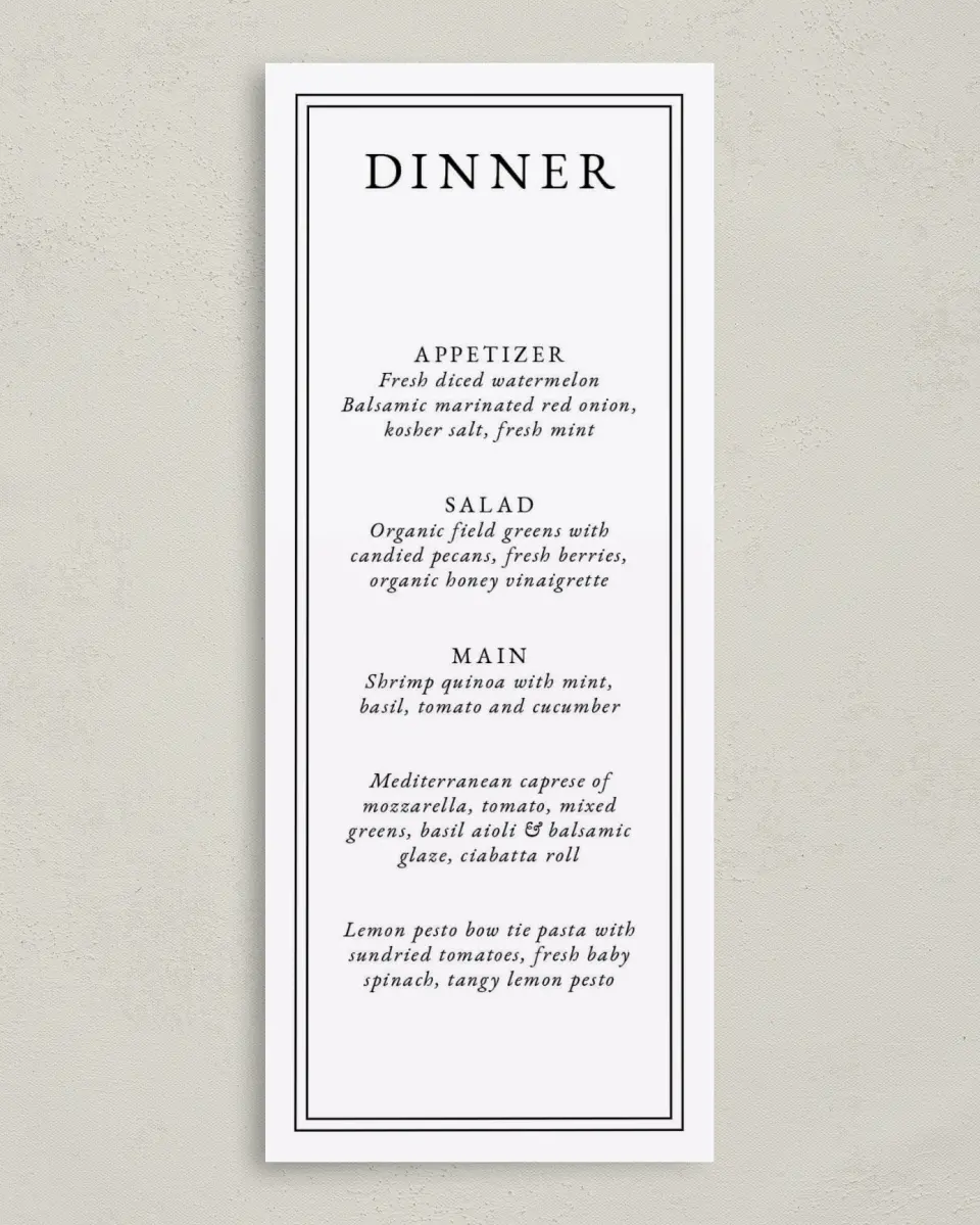 This is a 3⅝" x 8⅞" Wedding Menu Card called The Great Debut printed in full color on Premium Smooth paper