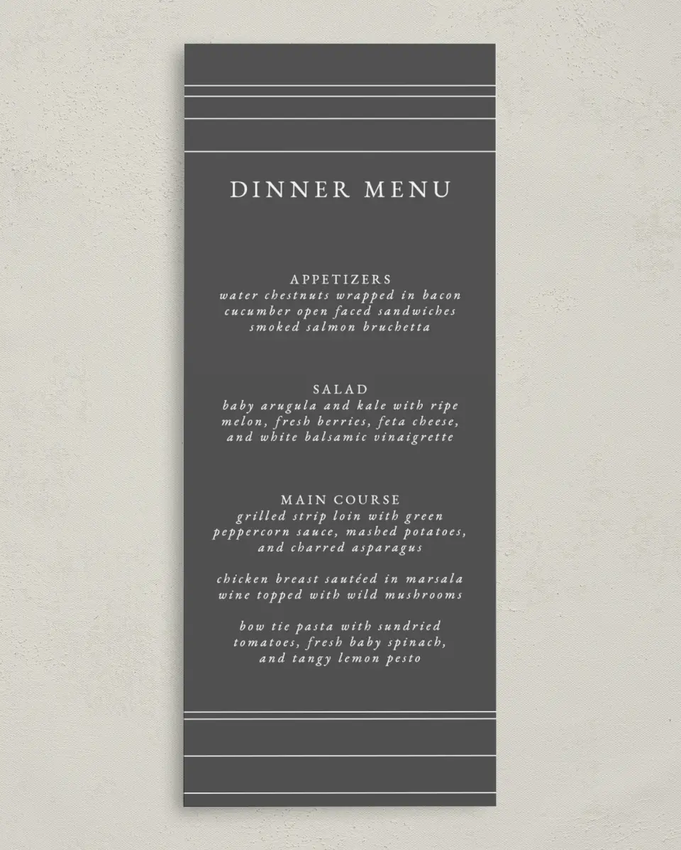 This is a 3⅝" x 8⅞" Wedding Menu Card called Night to Remember printed in full color on Premium Smooth paper