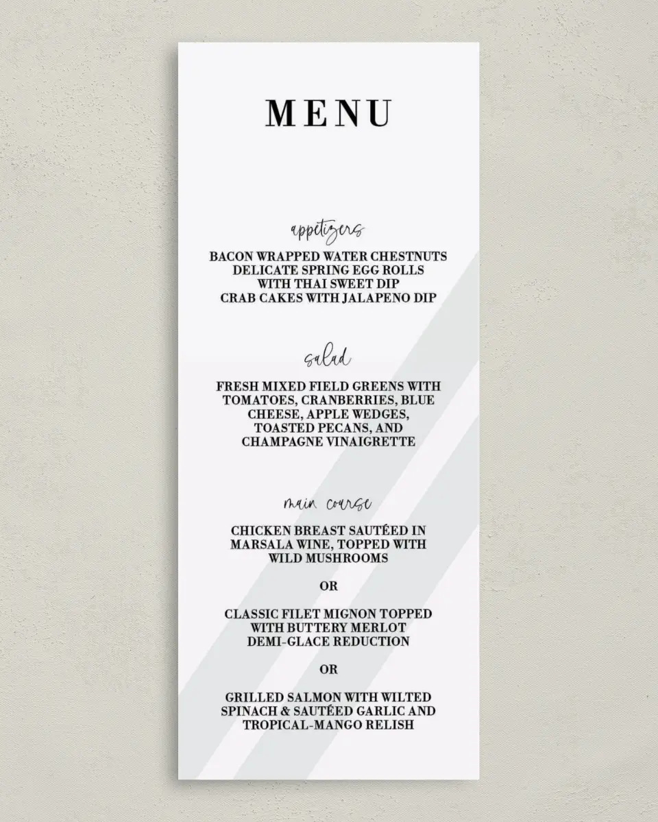 This is a 3⅝" x 8⅞" Wedding Menu Card called Glamorous Gala printed in full color on Premium Smooth paper