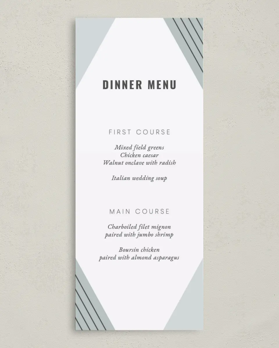 This is a 3⅝" x 8⅞" Wedding Menu Card called Grand Opening printed in full color on Premium Smooth paper