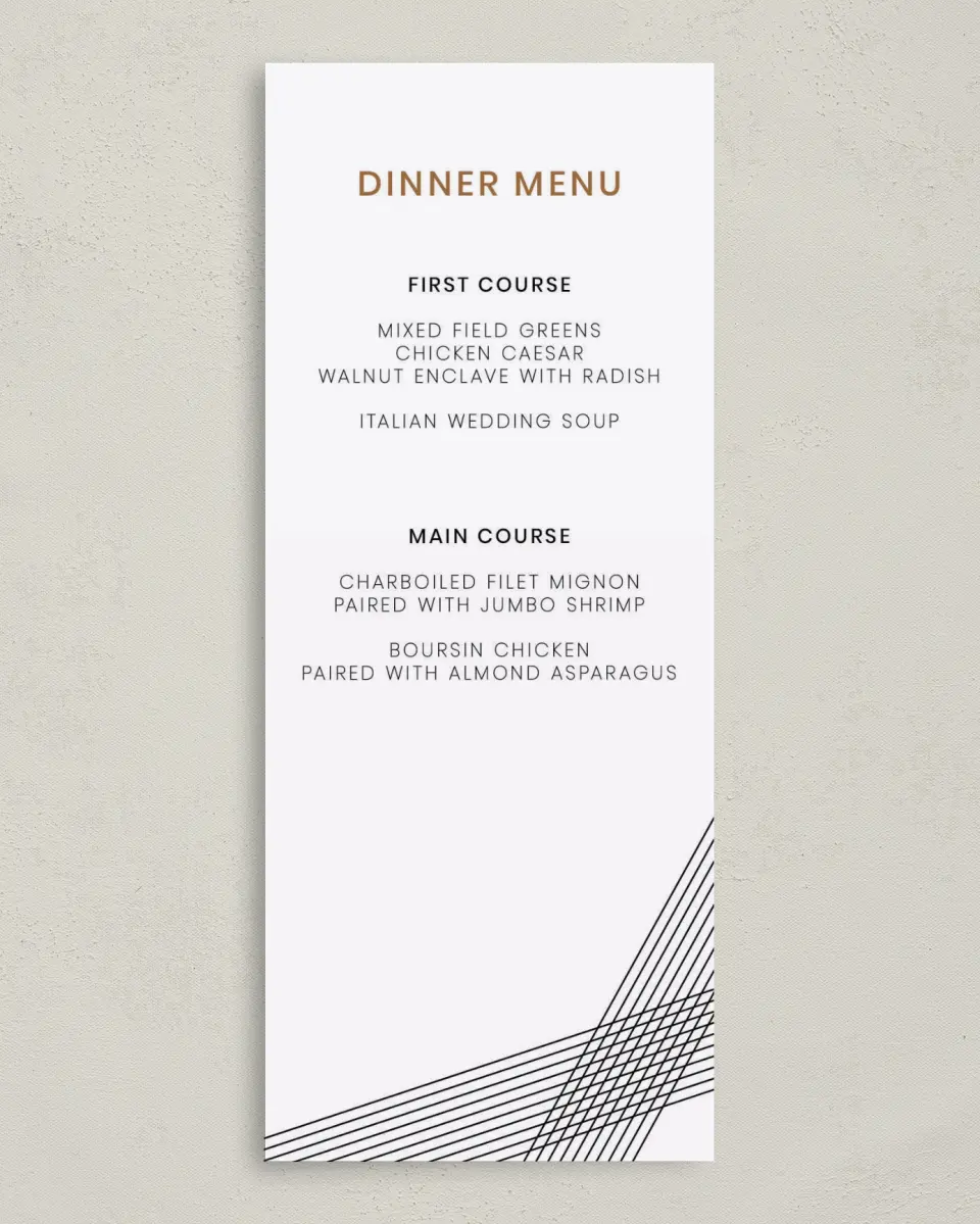 This is a 3⅝" x 8⅞" Wedding Menu Card called Debut Celebration printed in full color on Premium Smooth paper
