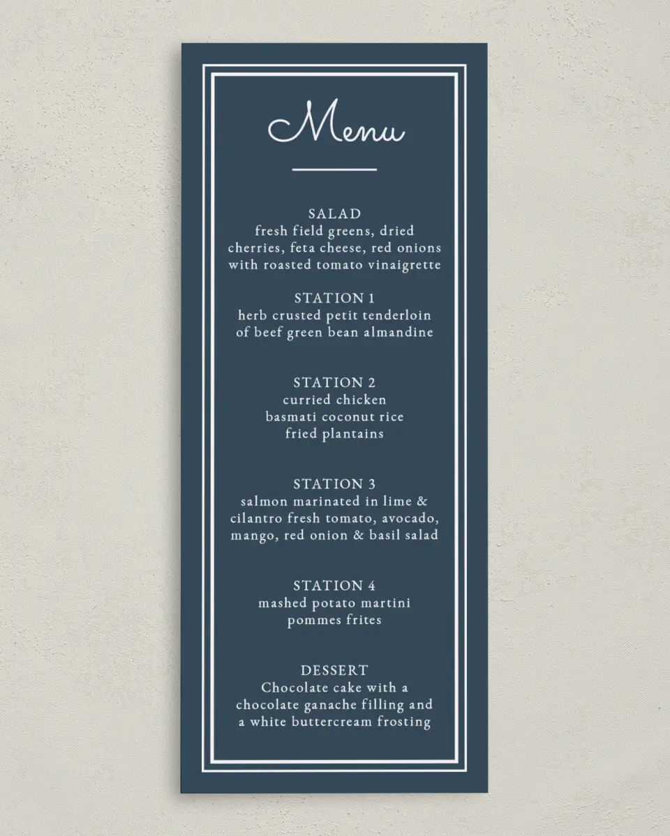 This is a 3⅝" x 8⅞" Wedding Menu Card called Anniversary Luncheon printed in full color on Premium Smooth paper