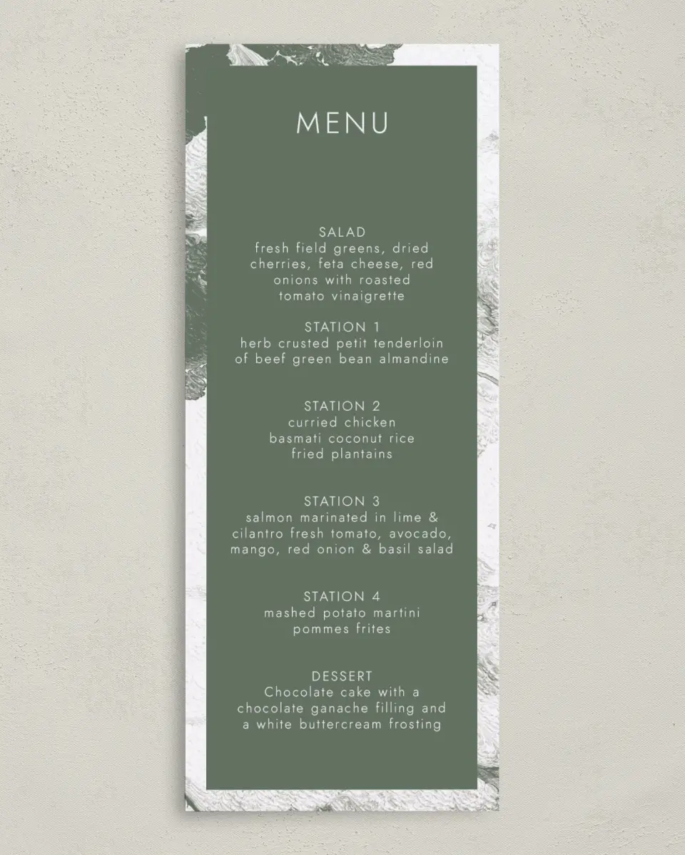 This is a 3⅝" x 8⅞" Wedding Menu Card called Grand Occasion printed in full color on Premium Smooth paper