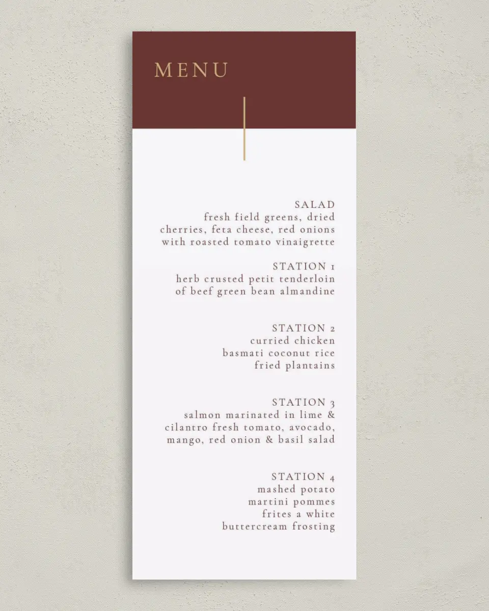 This is a 3⅝" x 8⅞" Wedding Menu Card called Appreciation Event printed in full color on Premium Smooth paper