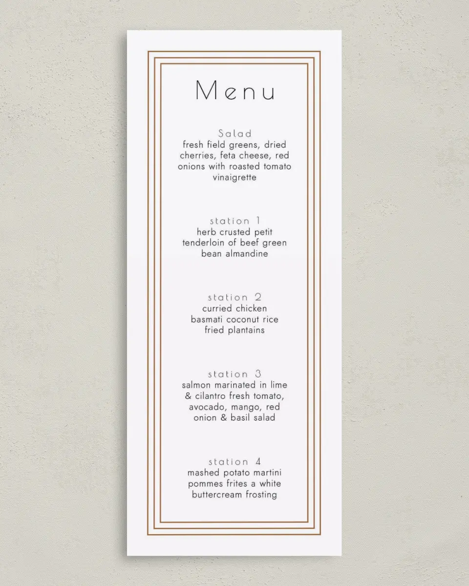This is a 3⅝" x 8⅞" Wedding Menu Card called Elegant Banquet printed in full color on Premium Smooth paper