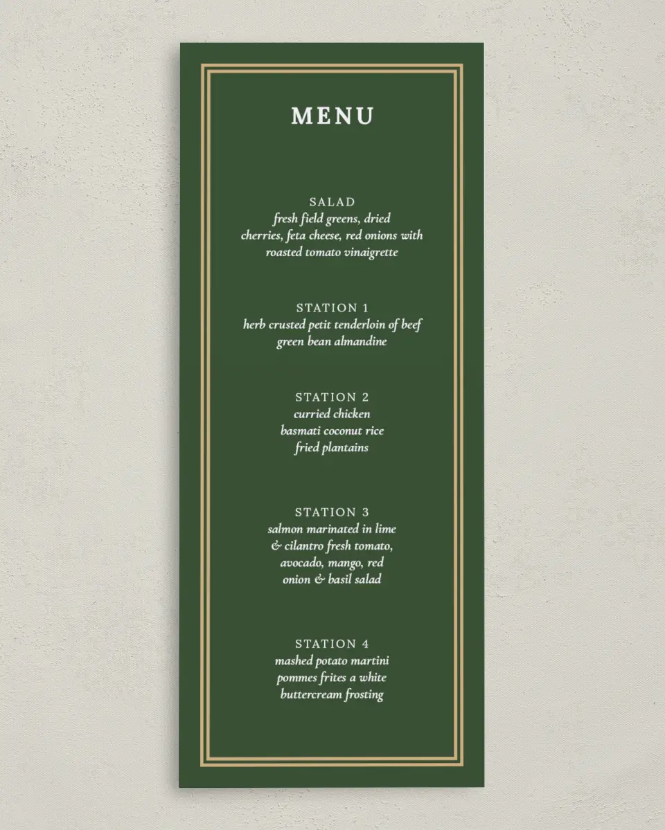 This is a 3⅝" x 8⅞" Wedding Menu Card called Classic Tournament printed in full color on Premium Smooth paper