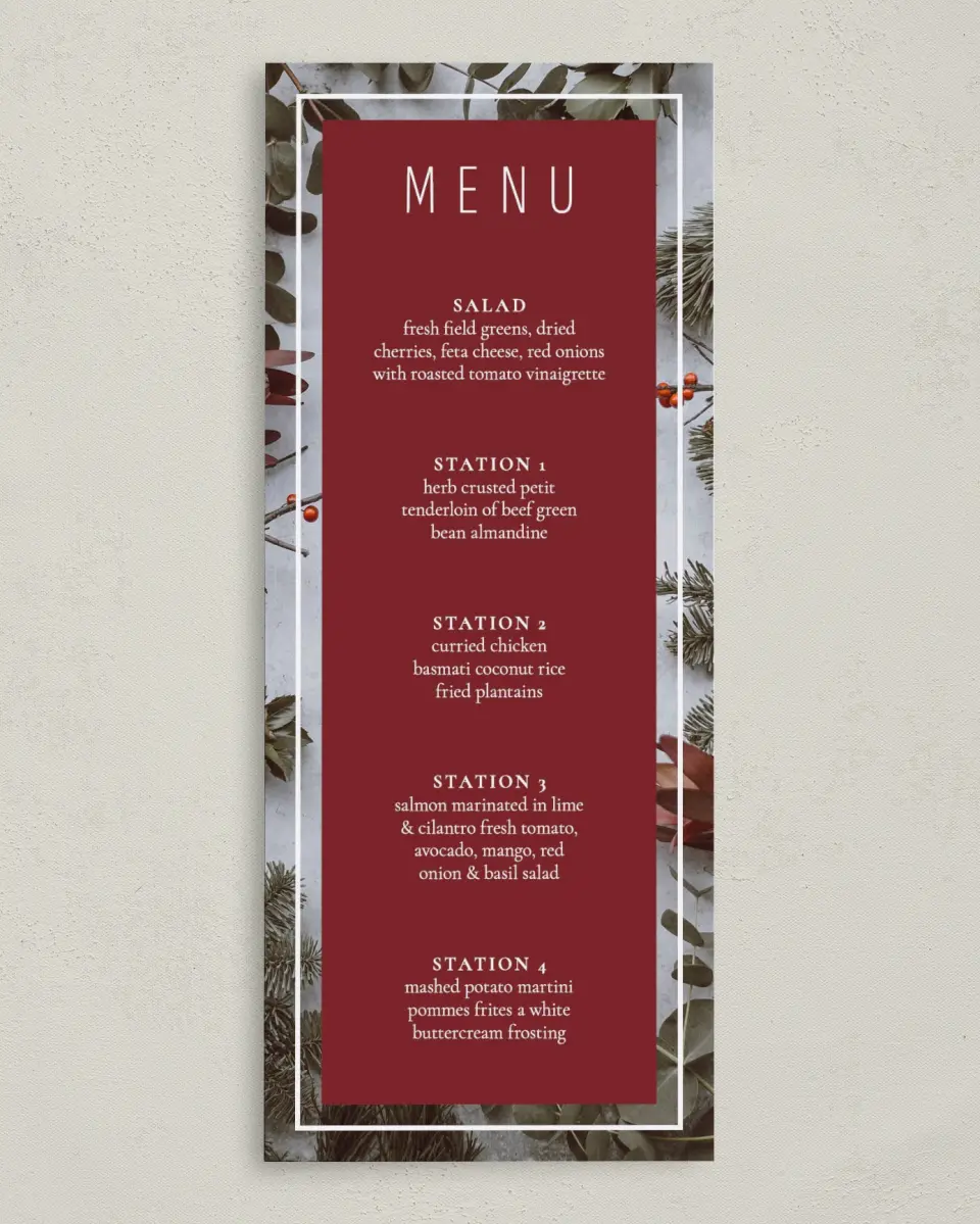 This is a 3⅝" x 8⅞" Wedding Menu Card called Holiday Party printed in full color on Premium Smooth paper
