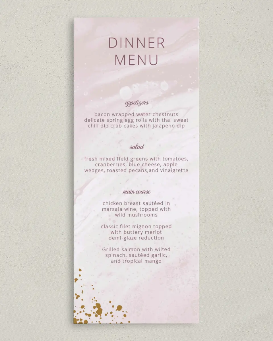 This is a 3⅝" x 8⅞" Wedding Menu Card called Tender Mist printed in full color on Premium Smooth paper