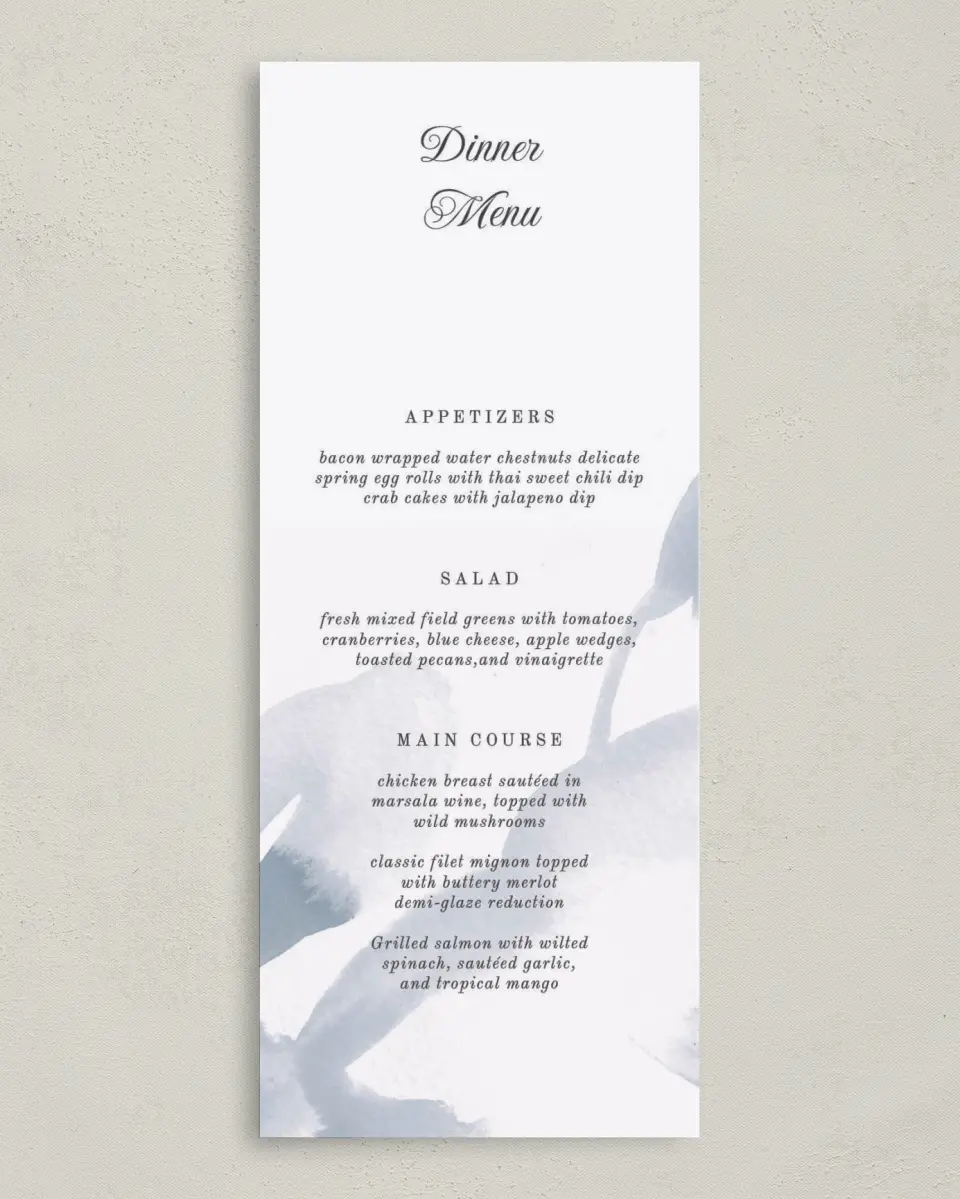 This is a 3⅝" x 8⅞" Wedding Menu Card called Painted Majesty printed in full color on Premium Smooth paper