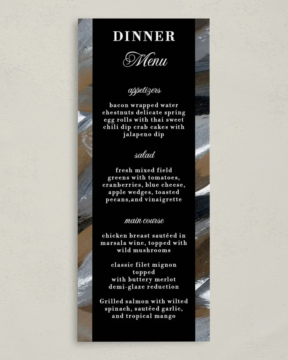 This is a 3⅝" x 8⅞" Wedding Menu Card called Moody Swashes printed in full color on Premium Smooth paper
