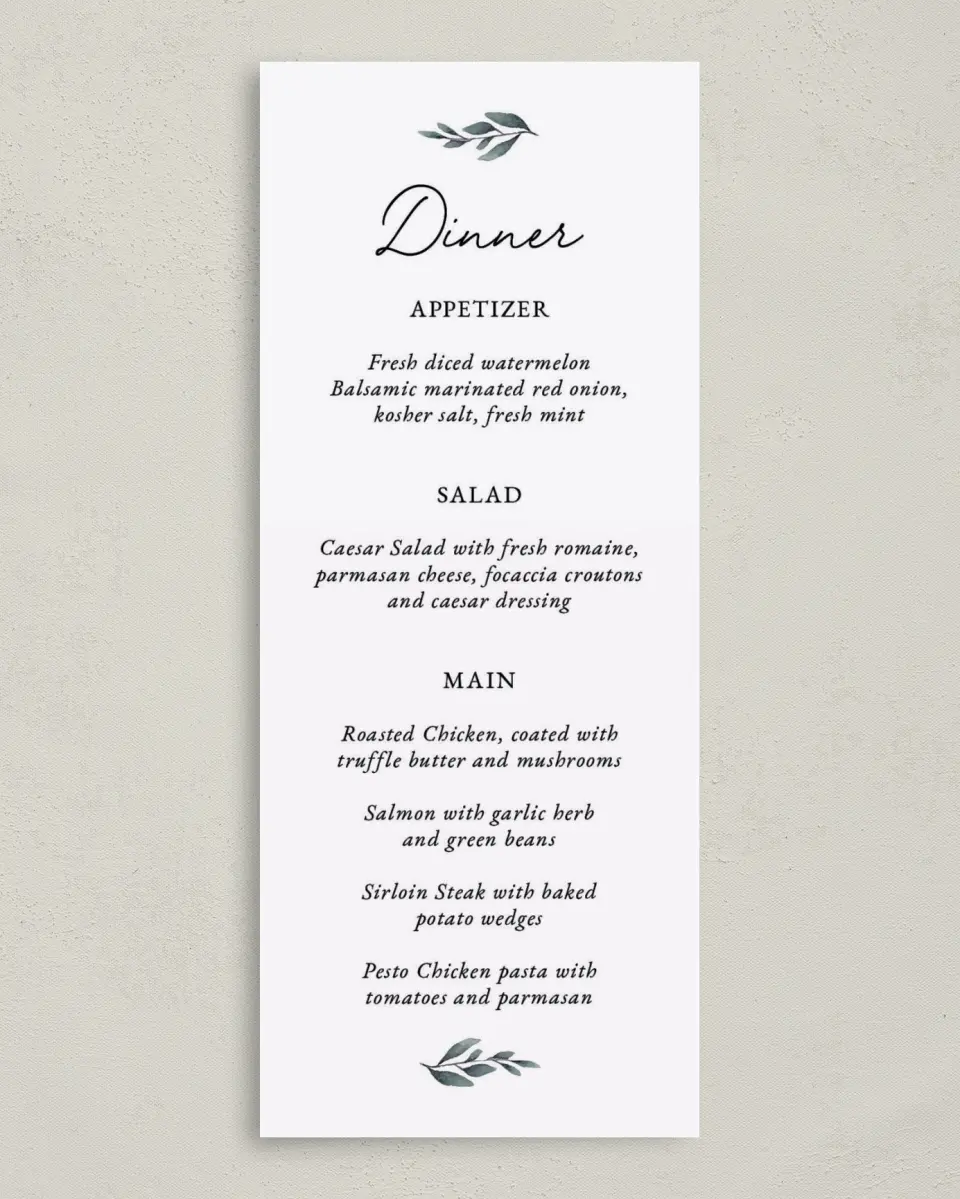 This is a 3⅝" x 8⅞" Wedding Menu Card called Pinecone Allure printed in full color on Premium Smooth paper