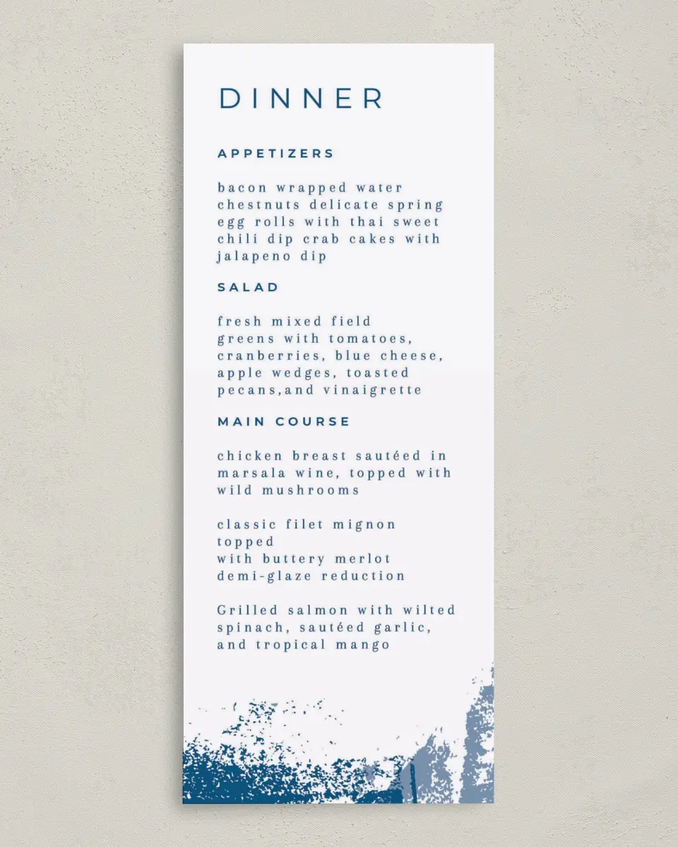 This is a 3⅝" x 8⅞" Wedding Menu Card called Set in Stone printed in full color on Premium Smooth paper