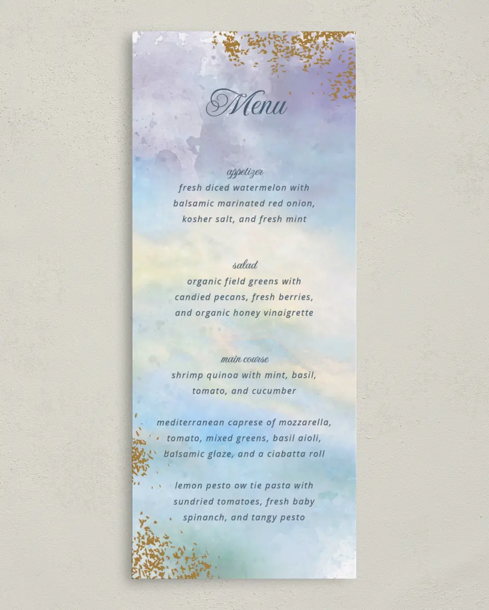 This is a 3⅝" x 8⅞" Wedding Menu Card called Dreamy Sky printed in full color on Premium Smooth paper