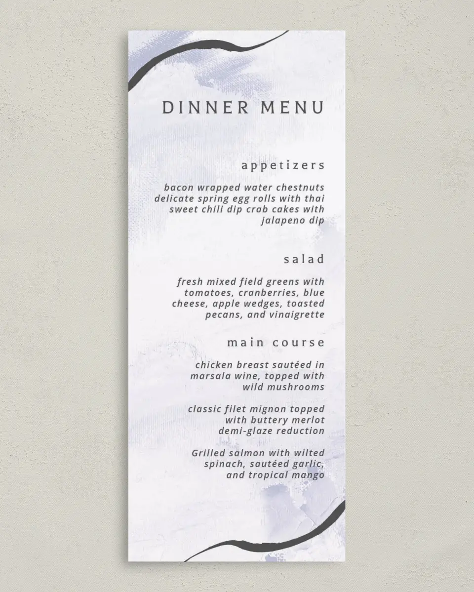 This is a 3⅝" x 8⅞" Wedding Menu Card called Gilded Marble printed in full color on Premium Smooth paper