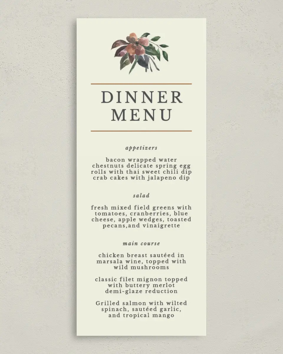 This is a 3⅝" x 8⅞" Wedding Menu Card called Golden Blooms printed in full color on Premium Smooth paper