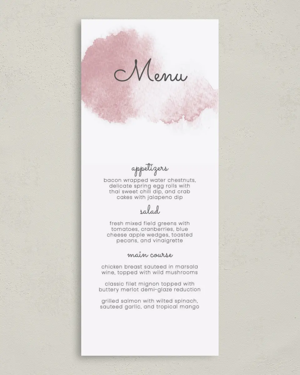 This is a 3⅝" x 8⅞" Wedding Menu Card called Watercolor Rapture printed in full color on Premium Smooth paper