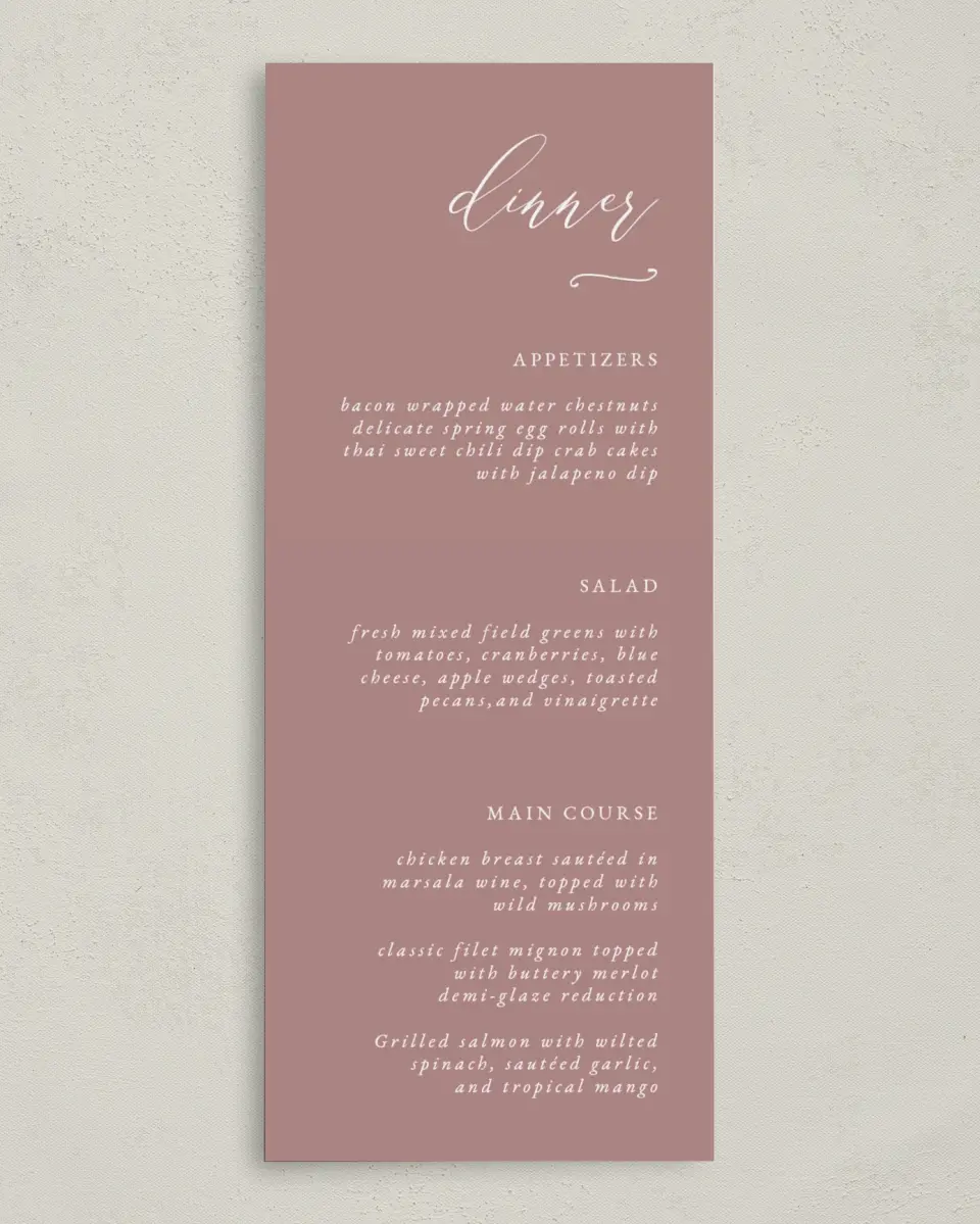 This is a 3⅝" x 8⅞" Wedding Menu Card called Modern Whisper printed in full color on Premium Smooth paper
