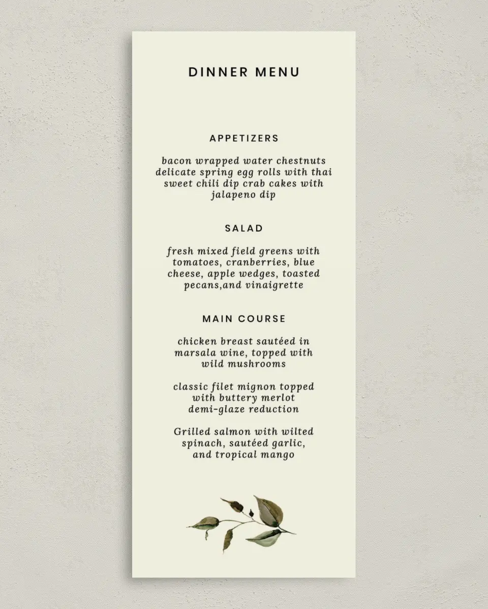 This is a 3⅝" x 8⅞" Wedding Menu Card called Faintly Fall printed in full color on Premium Smooth paper