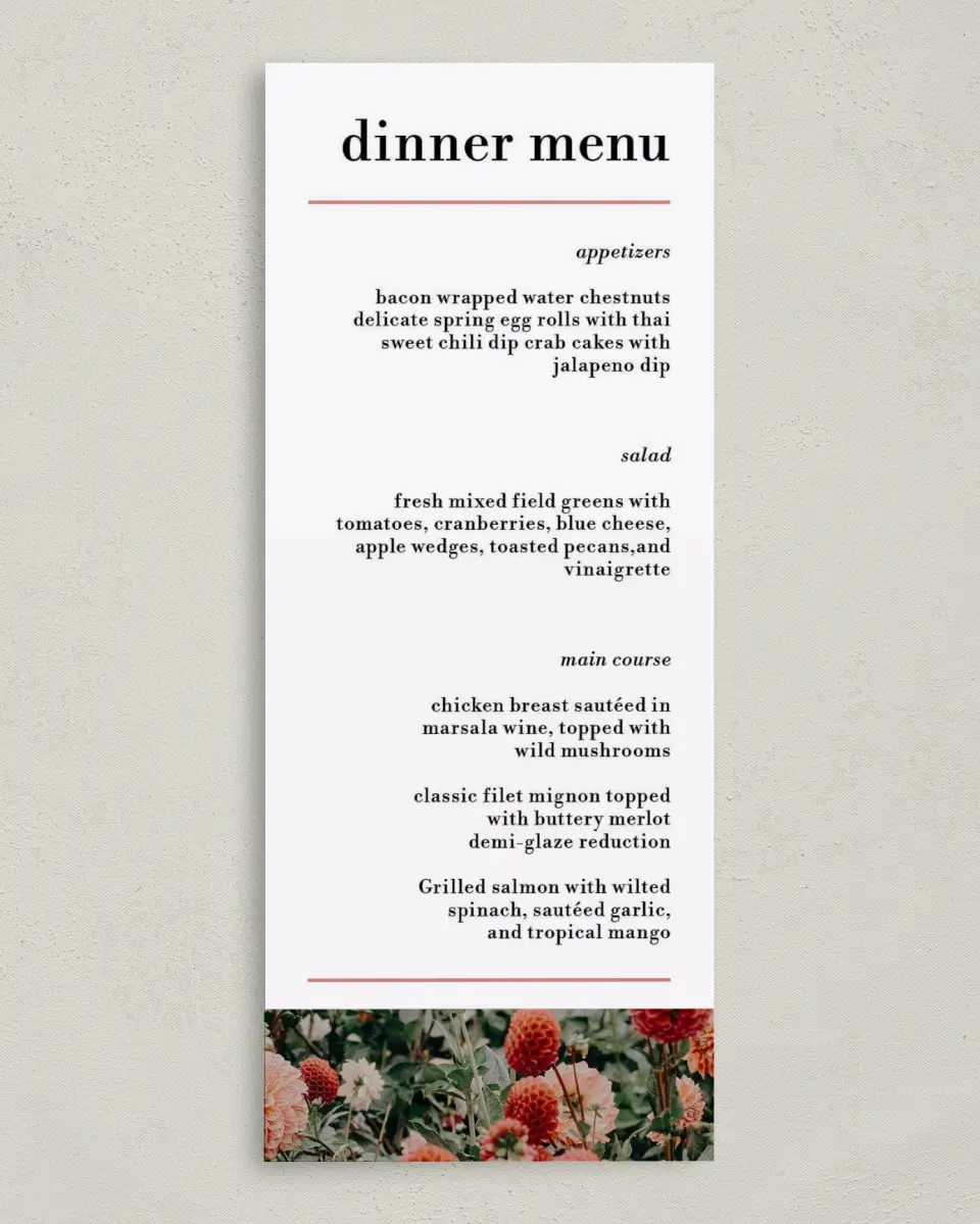 This is a 3⅝" x 8⅞" Wedding Menu Card called Dreamy Meadows printed in full color on Premium Smooth paper
