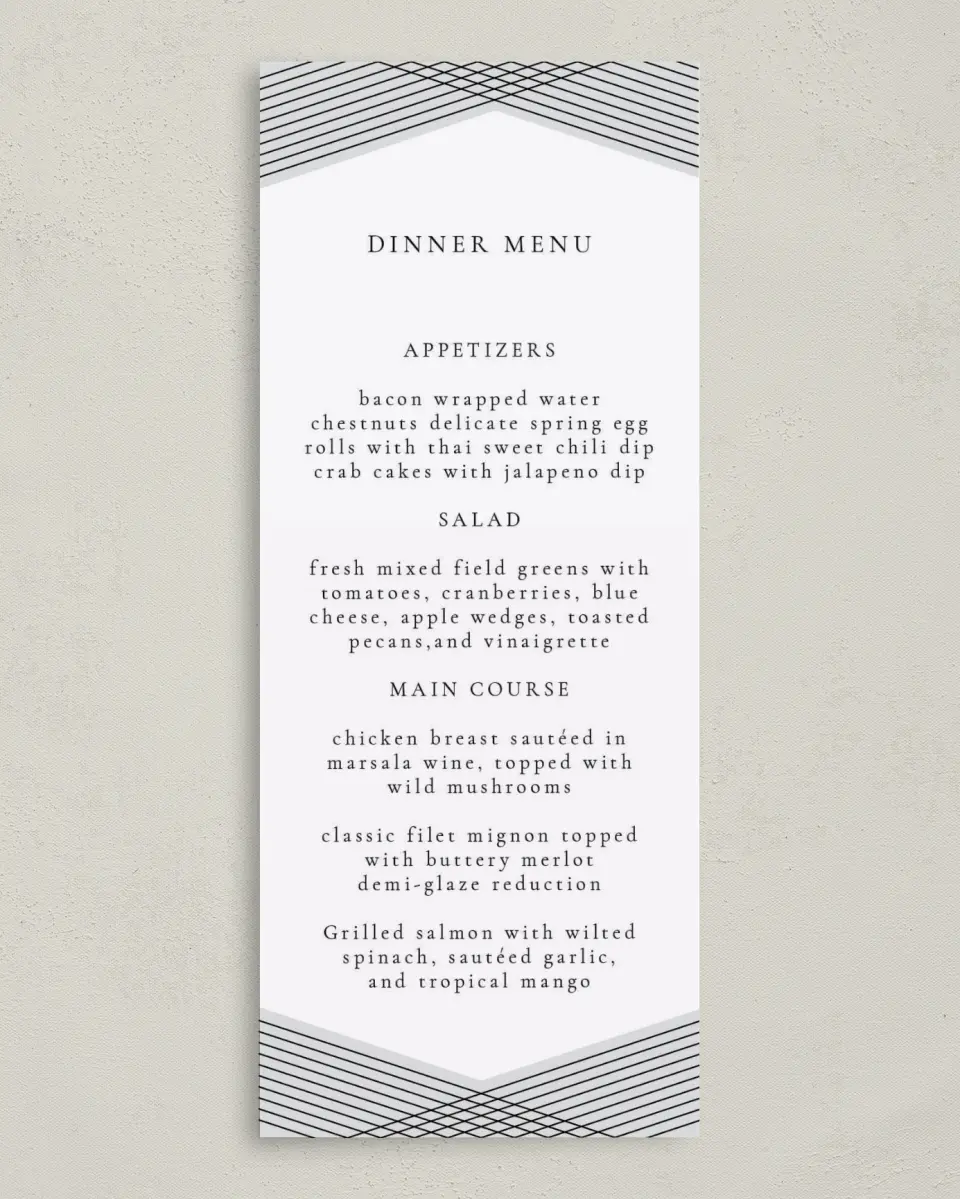 This is a 3⅝" x 8⅞" Wedding Menu Card called Dearest Lines printed in full color on Premium Smooth paper