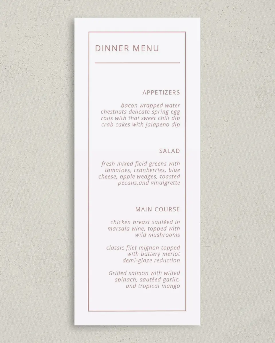 This is a 3⅝" x 8⅞" Wedding Menu Card called Neat Arrangement printed in full color on Premium Smooth paper