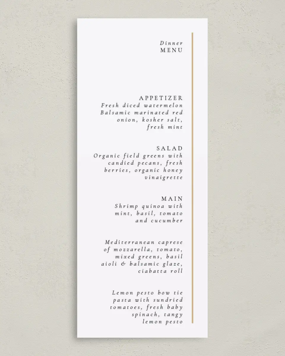 This is a 3⅝" x 8⅞" Wedding Menu Card called Laughing Hearts printed in full color on Premium Smooth paper