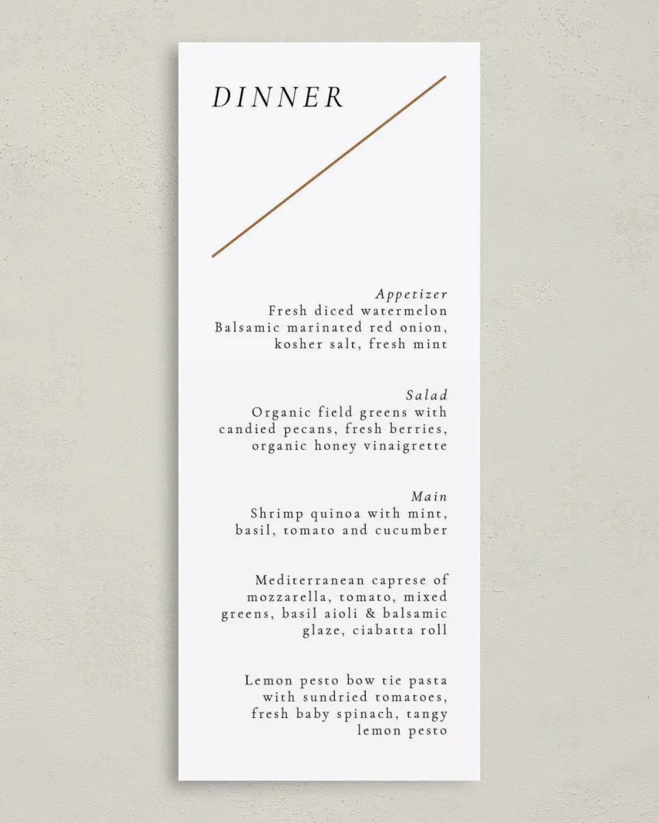 This is a 3⅝" x 8⅞" Wedding Menu Card called Sneek Peek printed in full color on Premium Smooth paper