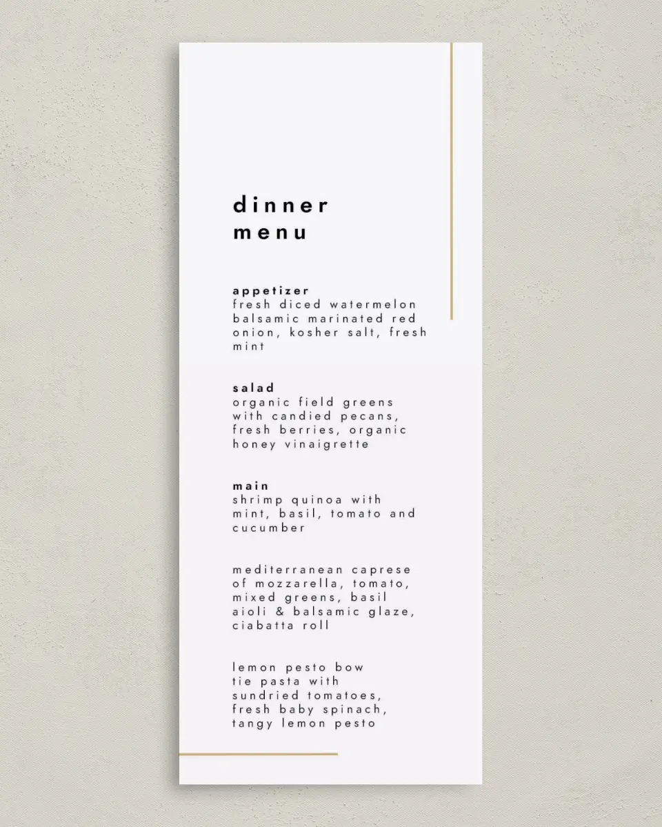This is a 3⅝" x 8⅞" Wedding Menu Card called The Proposal printed in full color on Premium Smooth paper