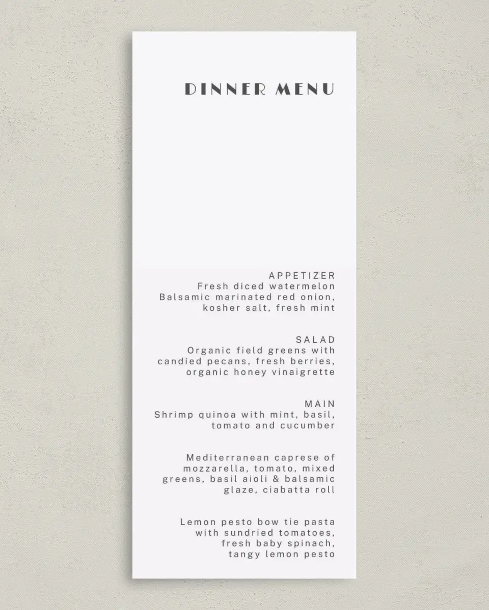 This is a 3⅝" x 8⅞" Wedding Menu Card called Boldy Forward printed in full color on Premium Smooth paper