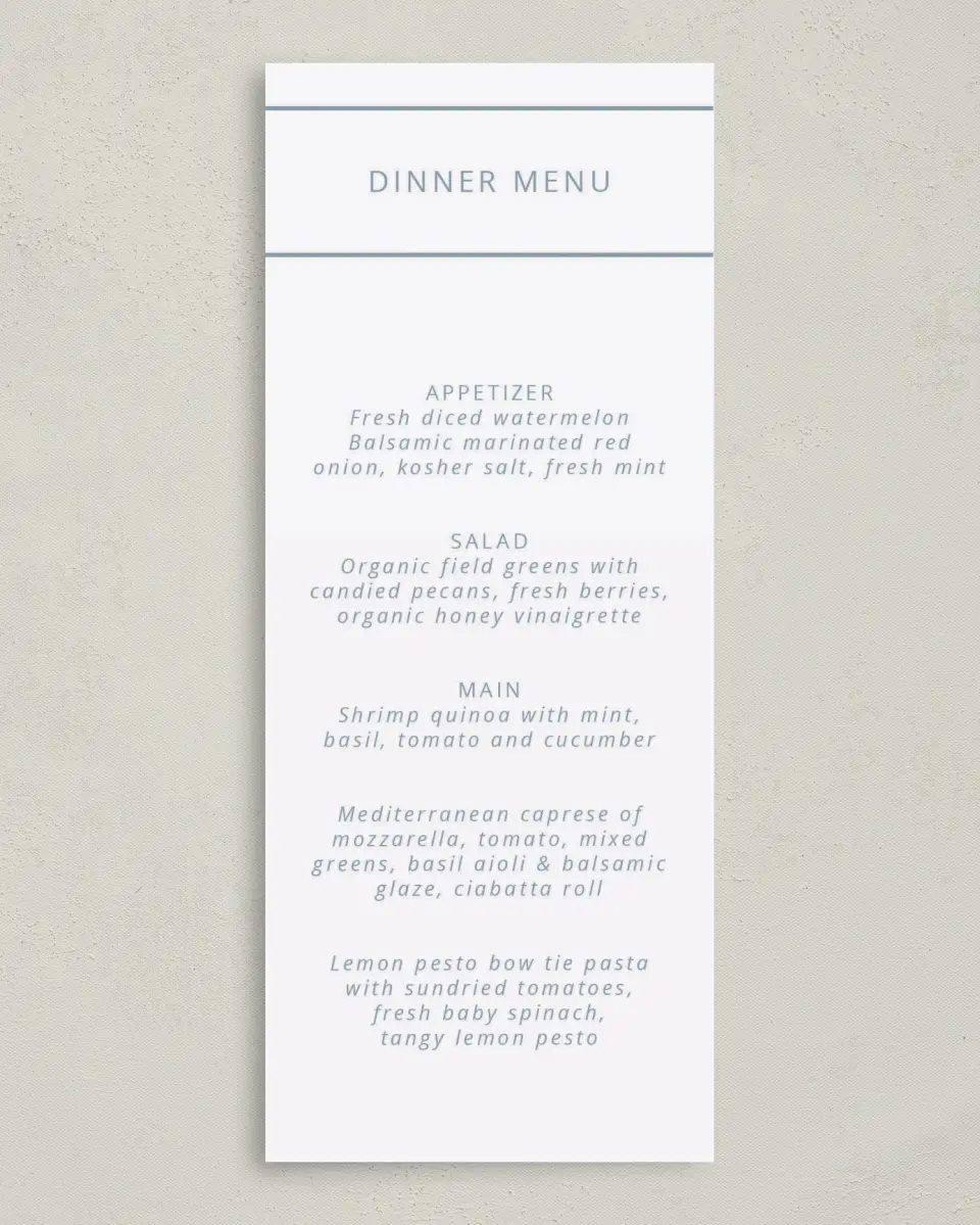 This is a 3⅝" x 8⅞" Wedding Menu Card called Simple Embrace printed in full color on Premium Smooth paper