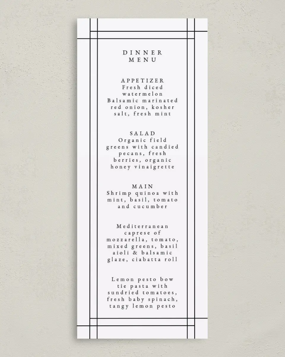 This is a 3⅝" x 8⅞" Wedding Menu Card called Mod Frame printed in full color on Premium Smooth paper