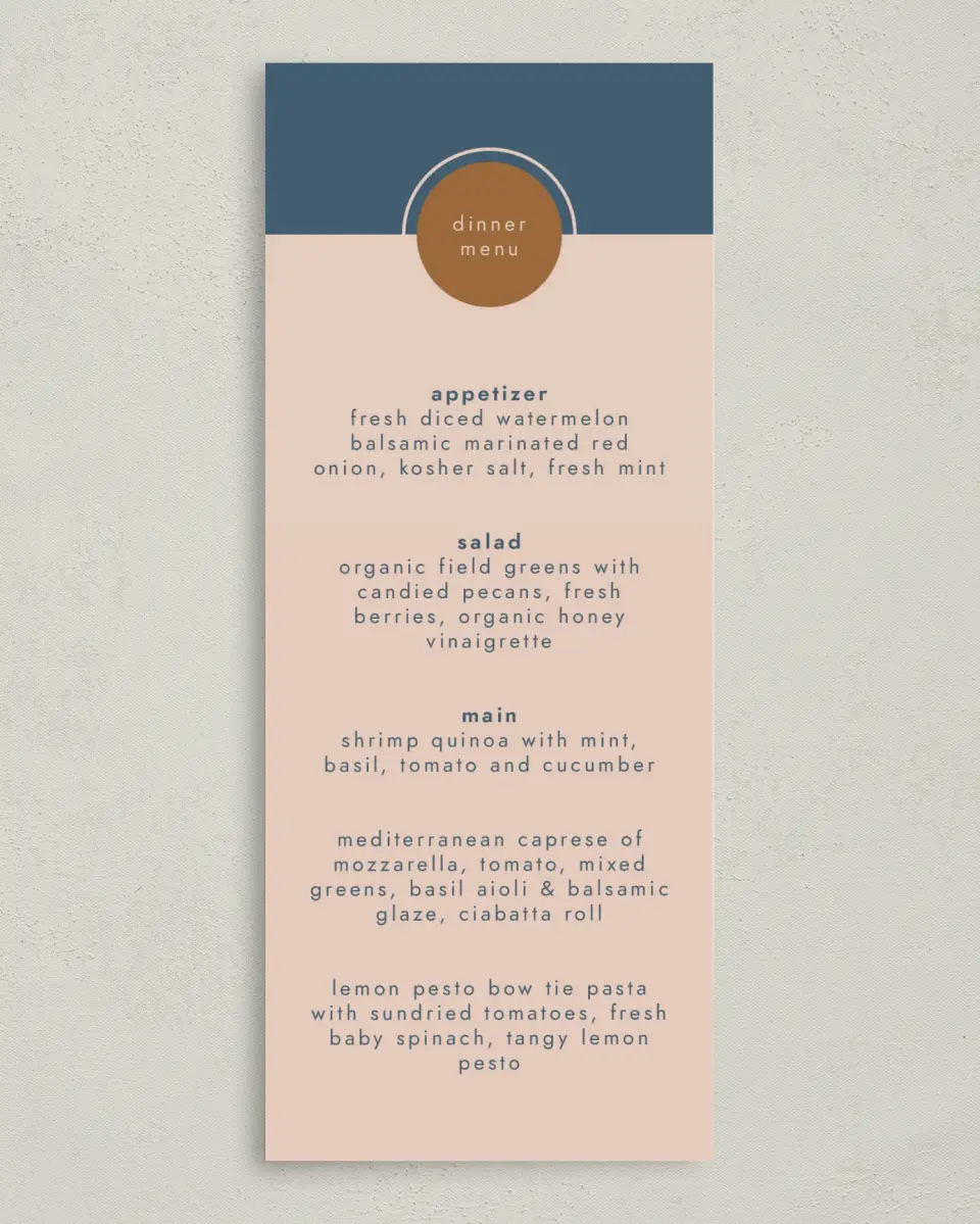 This is a 3⅝" x 8⅞" Wedding Menu Card called Our Beginning printed in full color on Premium Smooth paper