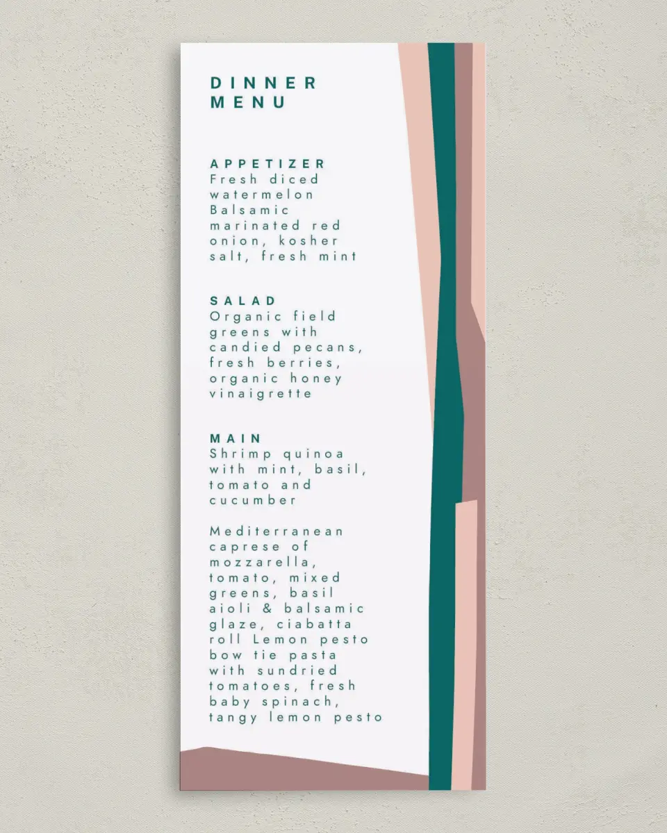 This is a 3⅝" x 8⅞" Wedding Menu Card called Shaped Love printed in full color on Premium Smooth paper
