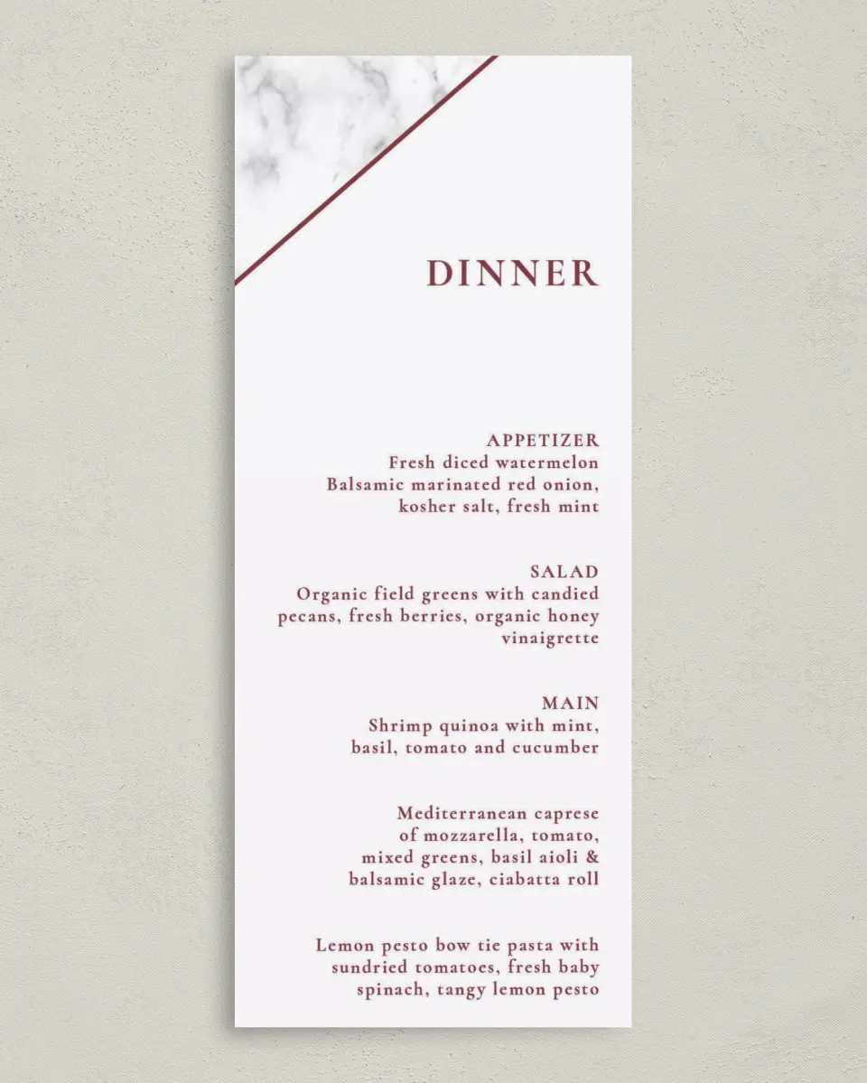This is a 3⅝" x 8⅞" Wedding Menu Card called Bold Banner printed in full color on Premium Smooth paper