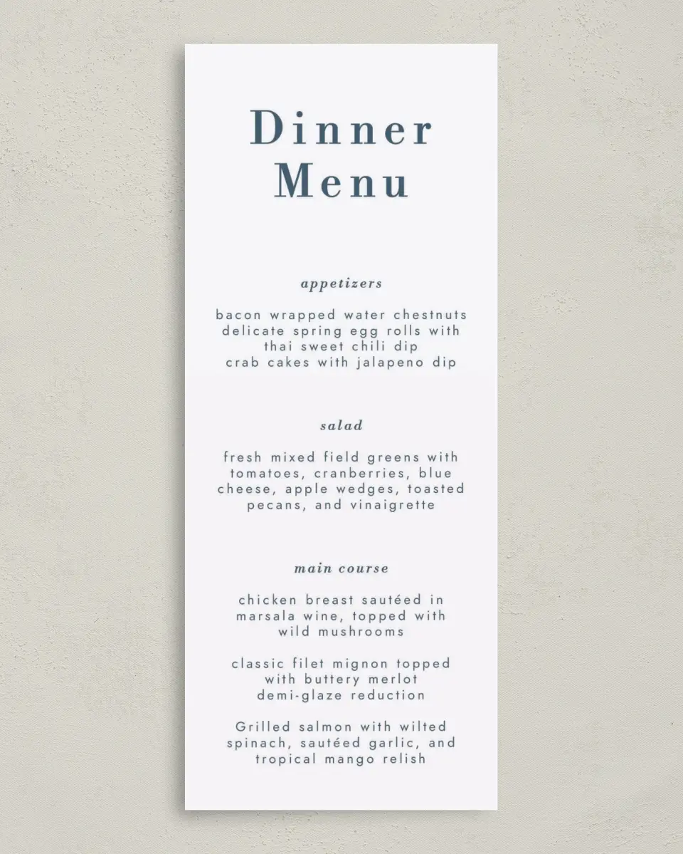 This is a 3⅝" x 8⅞" Wedding Menu Card called Perfect Picture printed in full color on Premium Smooth paper