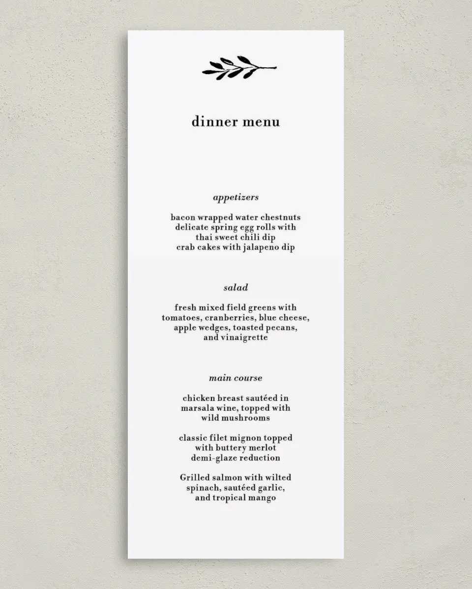 This is a 3⅝" x 8⅞" Wedding Menu Card called Stacked Squares printed in full color on Premium Smooth paper