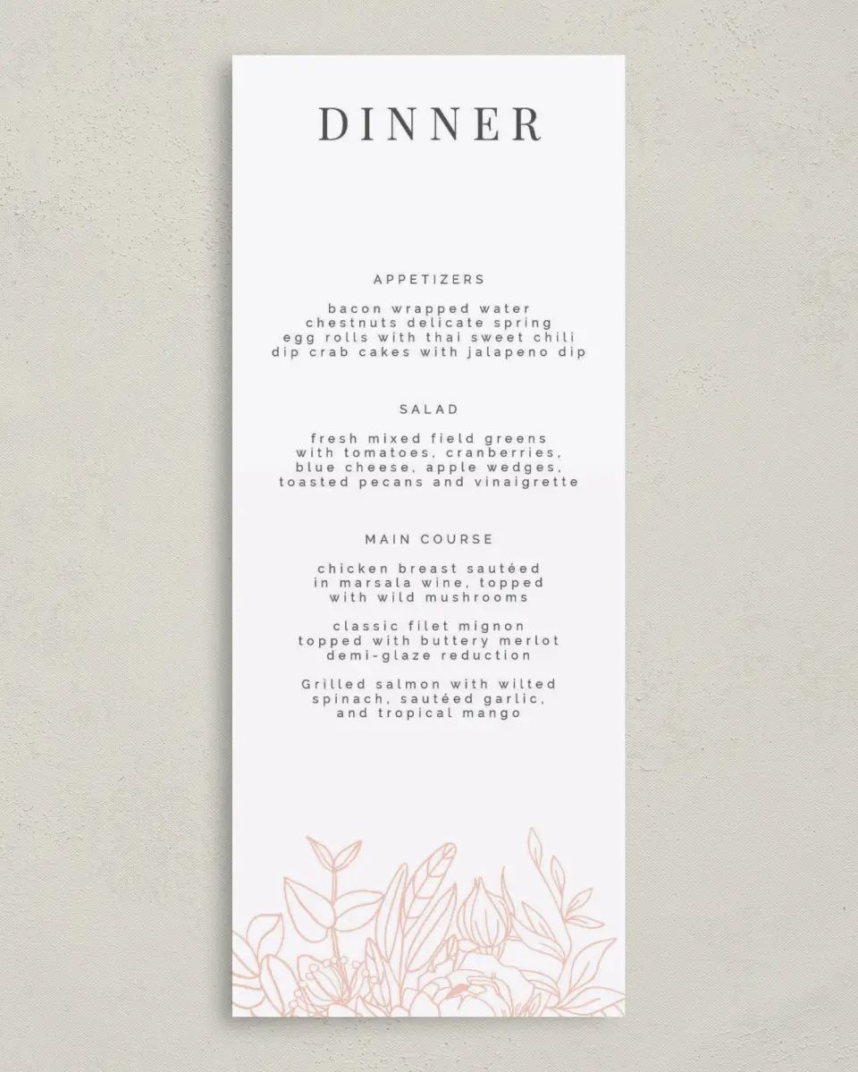 This is a 3⅝" x 8⅞" Wedding Menu Card called Floral Outline printed in full color on Premium Smooth paper