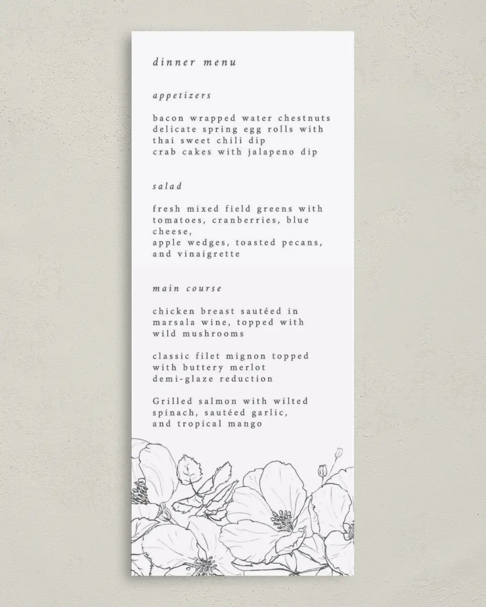 This is a 3⅝" x 8⅞" Wedding Menu Card called Hibiscus Hideaway printed in full color on Premium Smooth paper