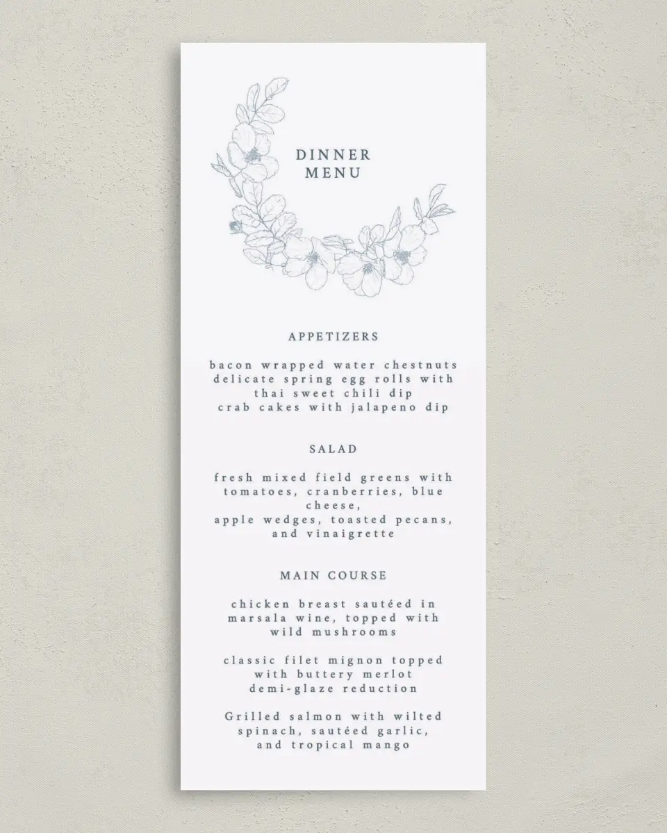 This is a 3⅝" x 8⅞" Wedding Menu Card called Floral Sketch printed in full color on Premium Smooth paper