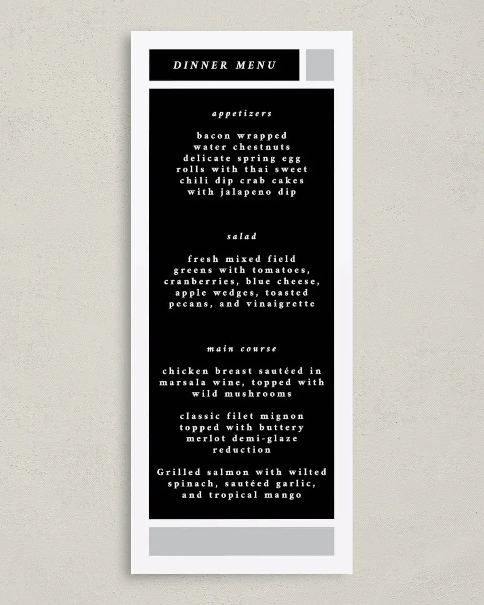 This is a 3⅝" x 8⅞" Wedding Menu Card called Framed Boxes printed in full color on Premium Smooth paper