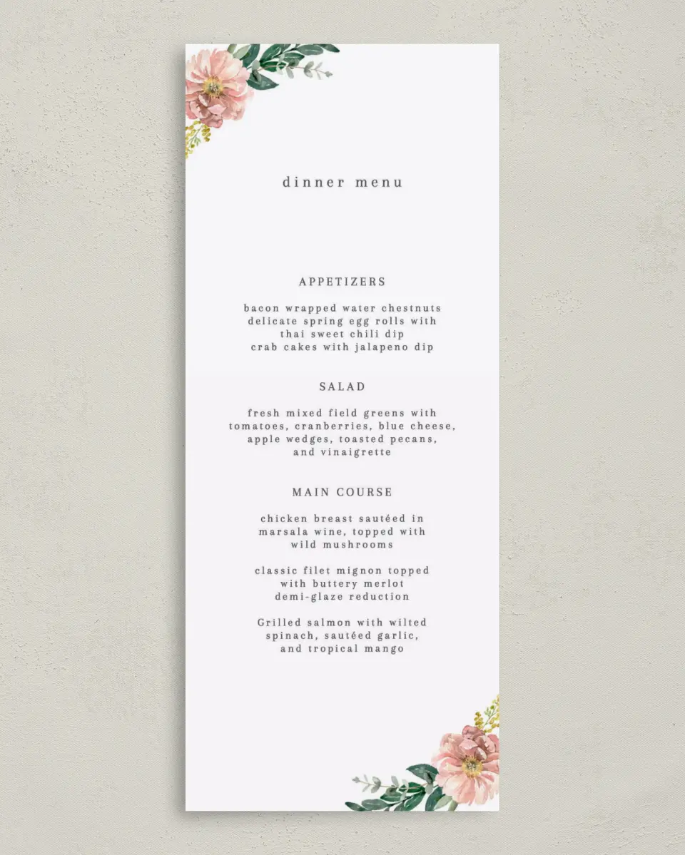 This is a 3⅝" x 8⅞" Wedding Menu Card called Delicate Florals printed in full color on Premium Smooth paper