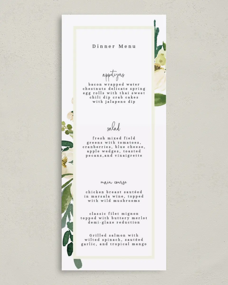 This is a 3⅝" x 8⅞" Wedding Menu Card called Wedding Florals printed in full color on Premium Smooth paper