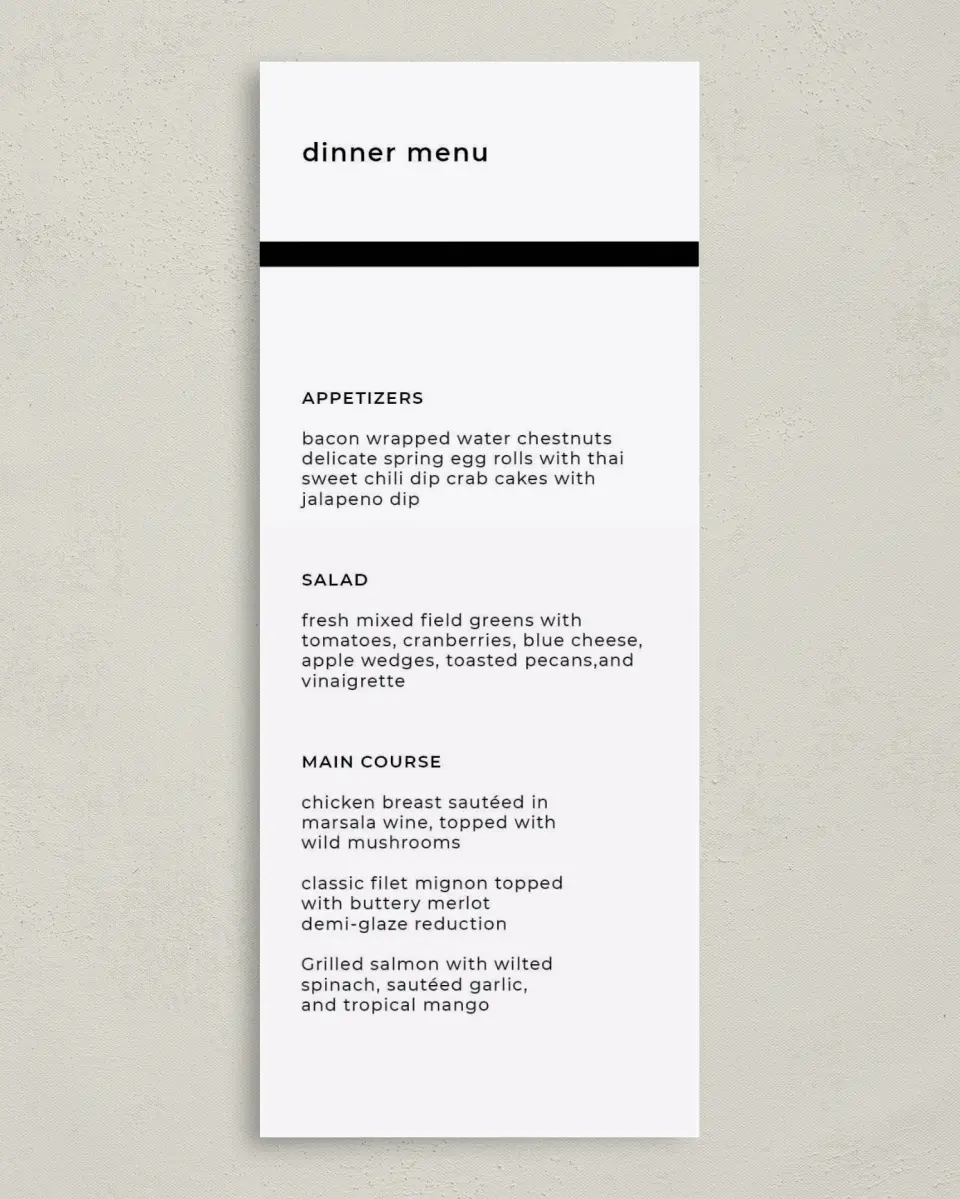 This is a 3⅝" x 8⅞" Wedding Menu Card called Bold Heading printed in full color on Premium Smooth paper