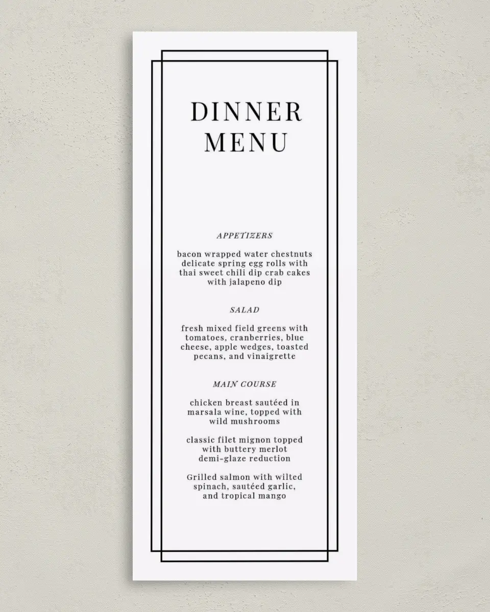 This is a 3⅝" x 8⅞" Wedding Menu Card called Because You're Mine printed in full color on Premium Smooth paper